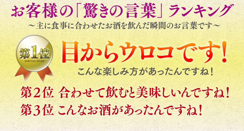 お客様の「驚きの言葉」ランキング 第一位 目からウロコです! 第二位 合わせて飲むと美味しいんですね! 第三位 こんなお酒があったんですね!